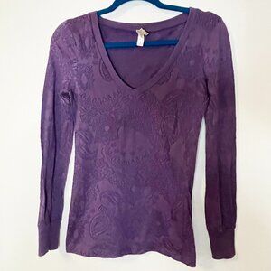 Purple V-Neck Long Sleeve Top Paisley Burnout Pattern Lightweight Y2K Shirt -M